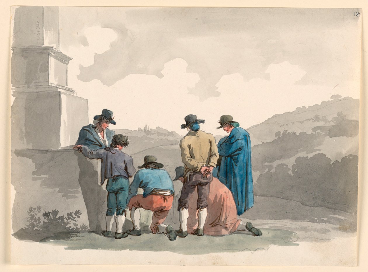 Tegning, leg med penge, 1807-08 af Bartolomeo Pinelli