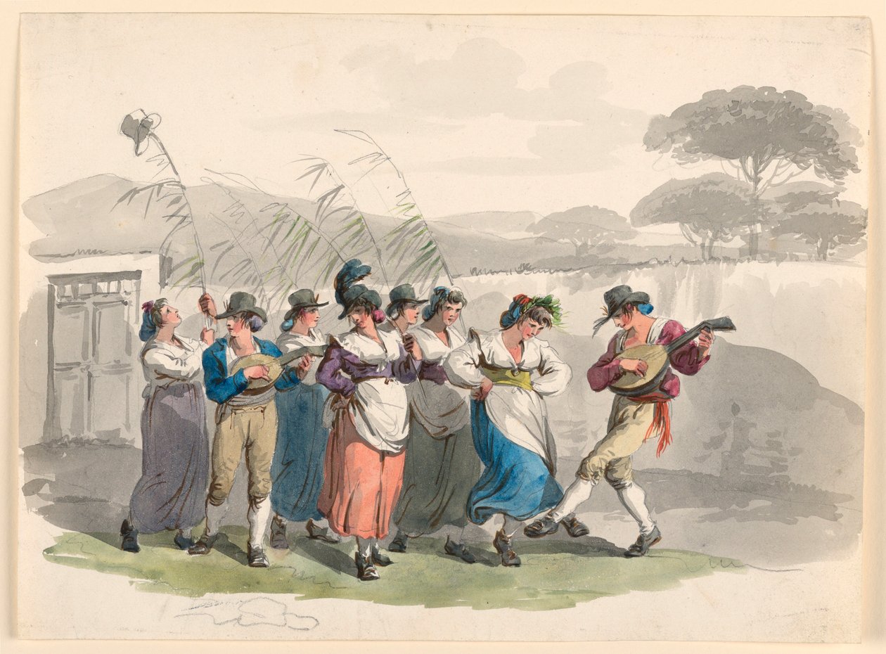 Tegning, "Saltarello Romano", Dansende bønder i Roms nabolag, 1807-08 af Bartolomeo Pinelli