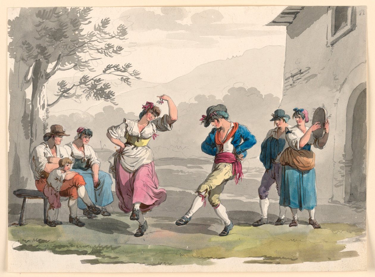 Tegning, "Saltarello Romano", Dansende bønder i Roms nabolag, 1807-08 af Bartolomeo Pinelli