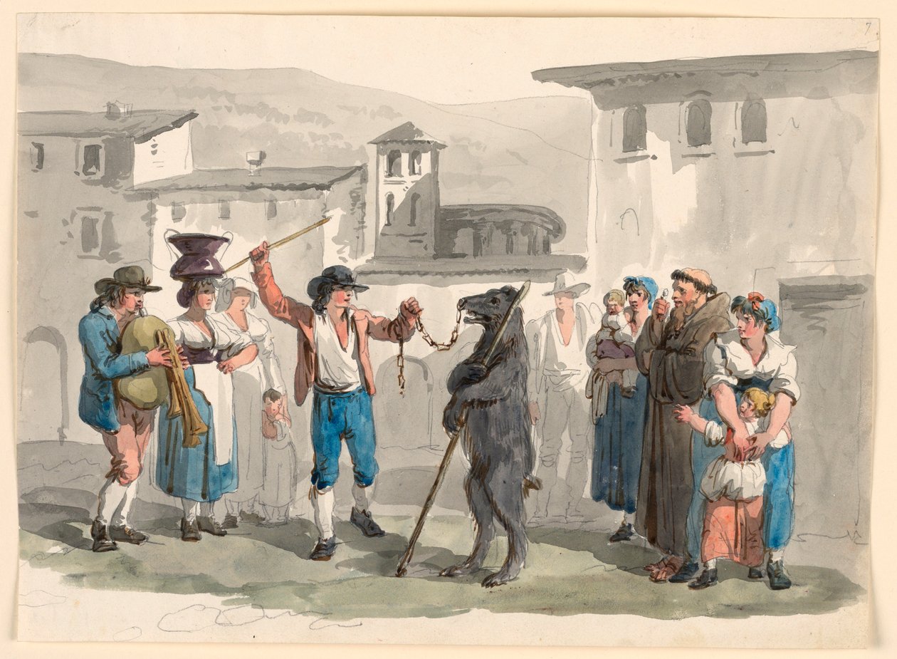Tegning, Den dansende bjørn, 1807-08 af Bartolomeo Pinelli