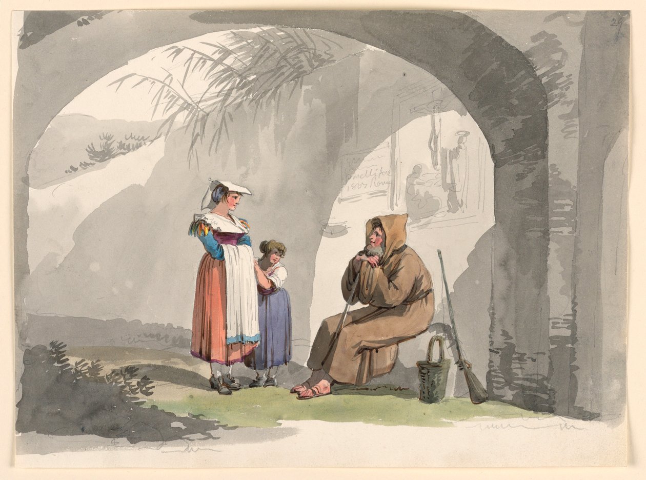 Tegning, To piger fra Frascati besøger en eneboer, 1807 af Bartolomeo Pinelli