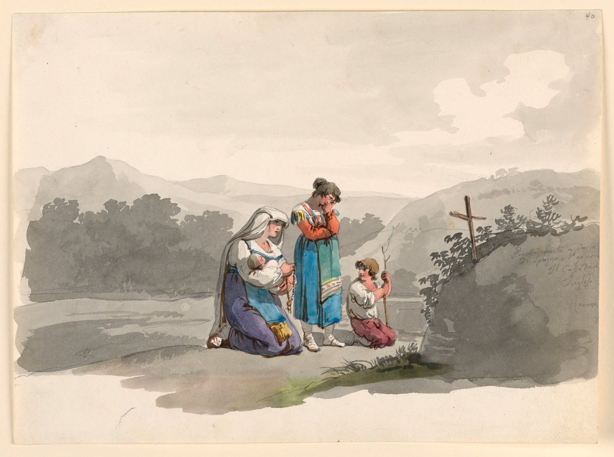 Tegning, kvinde med baby beder foran korset, der markerer det sted, hvor hendes mand blev dræbt, 1807-08 af Bartolomeo Pinelli