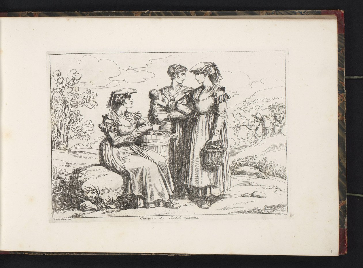 Tre kvinder og et barn fra Castel Madama Costumi di Castel madama (titel på objekt) Kostumetryk med figurer fra Rom og omegn (serietitel) Nuova raccolta di cinquanta costumi de contorni di Roma (serietitel) af Bartolomeo Pinelli