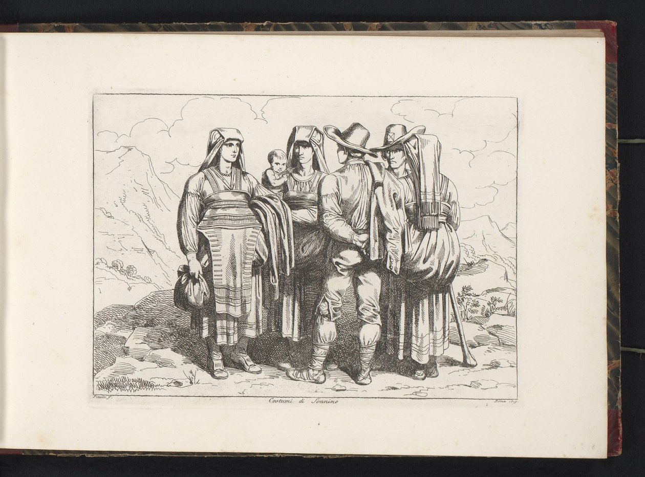 Tre kvinder og to mænd fra Sonnino Costumi di Sonnino (titel på objekt) Kostumetryk med figurer fra Rom og omegn (serietitel) Nuova raccolta di cinquanta costumi de contorni di Roma (serietitel) af Bartolomeo Pinelli