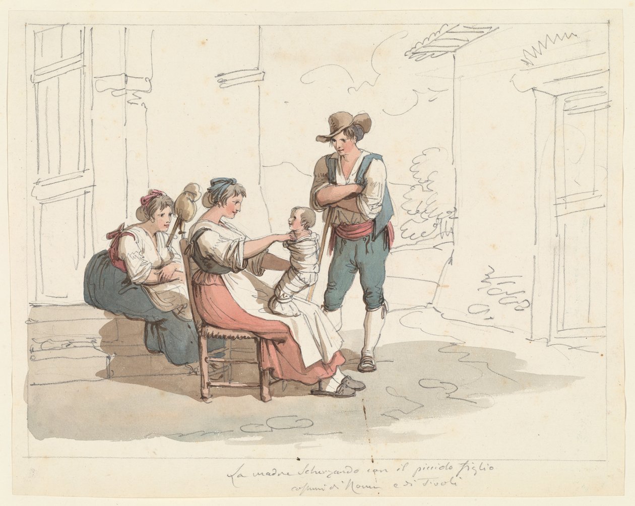 Familiescene med en mor og et barn, illustration til "Romerske dragter og skikke" af Bartolomeo Pinelli