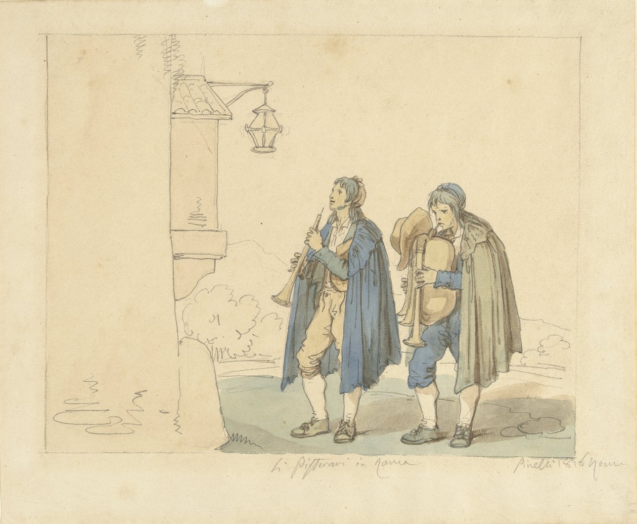 Fløjtespiller og sækkepiber foran et hus Li Pifferari i Roma (titel på objekt) af Bartolomeo Pinelli