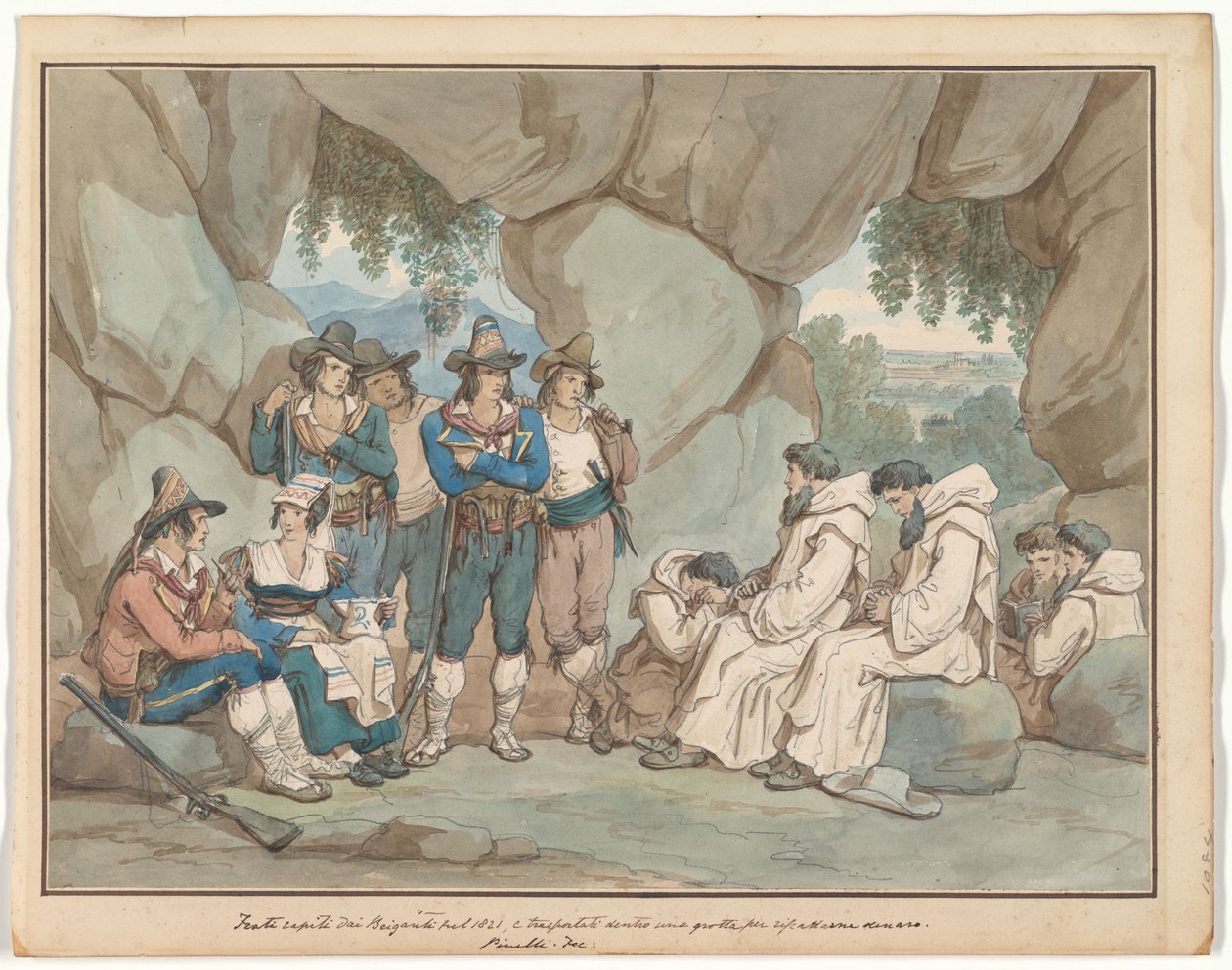 „Frati“ fanget af briganti og holdt i en grotte, illustration til Romerske dragter og skikke af Bartolomeo Pinelli