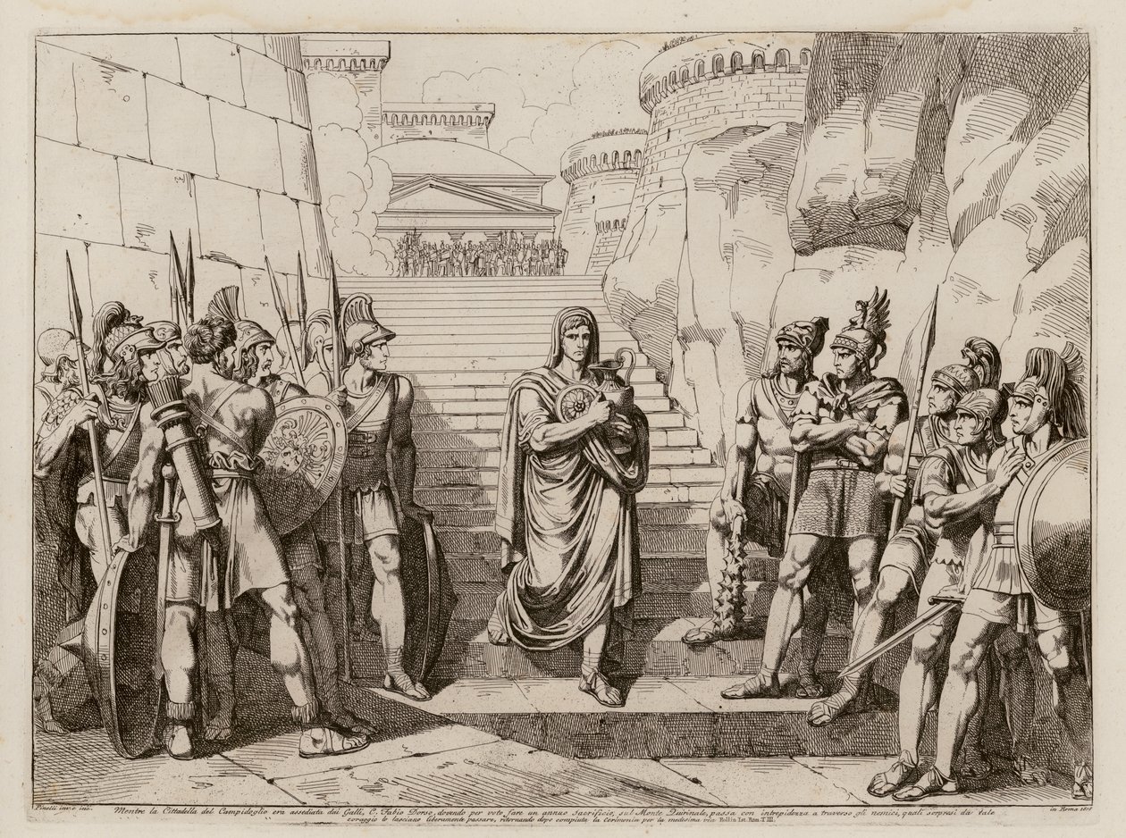 Gaius Fabius Dorsuo passerer uhindret gallerne på vej til et offer, 390 f.Kr (radering) af Bartolomeo Pinelli