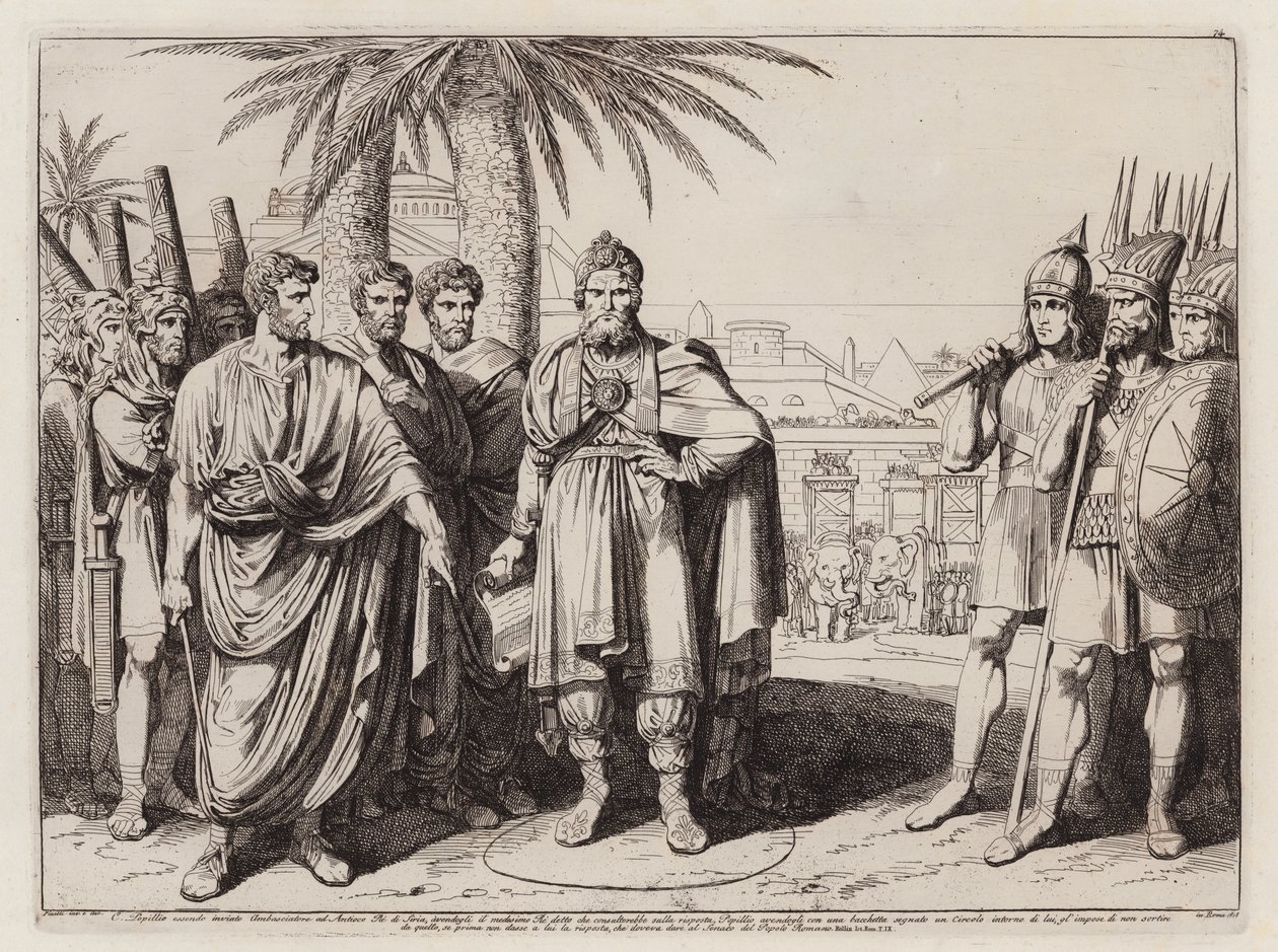 Gaius Popillius Laenas tegner en cirkel i sandet omkring Antiochus IV Epiphanes (radering) af Bartolomeo Pinelli