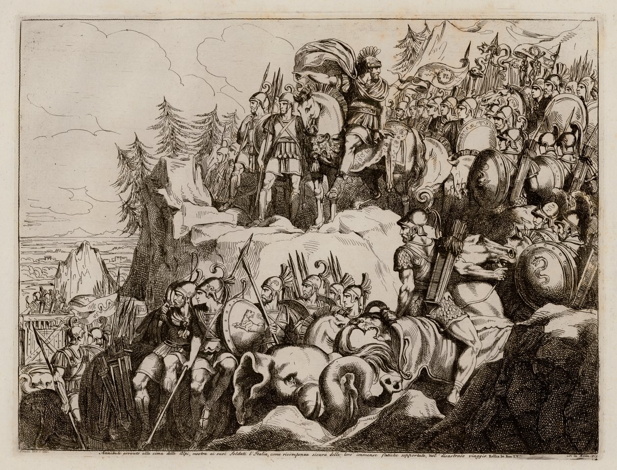 Hannibal krydser Alperne ind i Italien, 218 f.Kr (radering) af Bartolomeo Pinelli