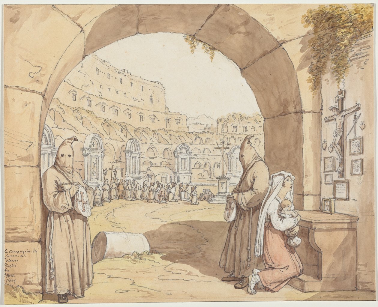 La Compagnia dei sacconi al Colosseo (Botgørere, der beder ved alterene i Colosseum) af Bartolomeo Pinelli