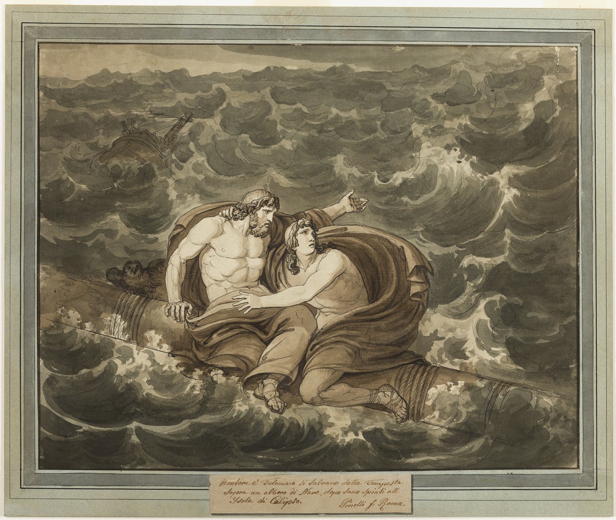 Mentor og Telemachus, efter at have overlevet stormen, er ivrige til øen Calypso på en mast, fra The Adventures of Telemachus, bog 6 af Bartolomeo Pinelli