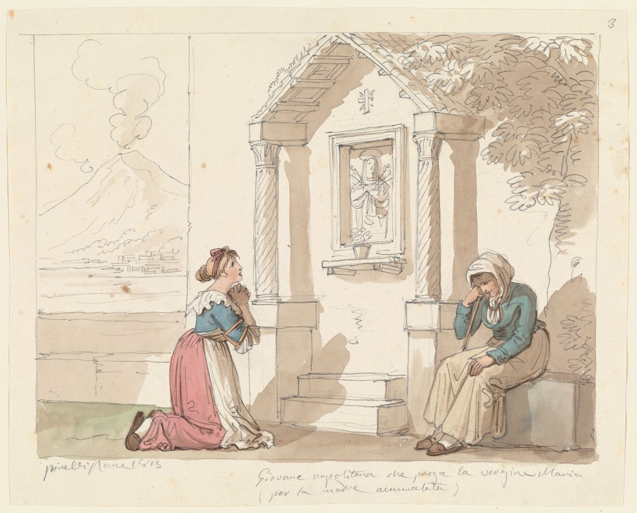 En kvinde fra Napoli, der beder til Jomfru Maria for sin syge mor, illustration til »Romerske dragter og skikke« af Bartolomeo Pinelli