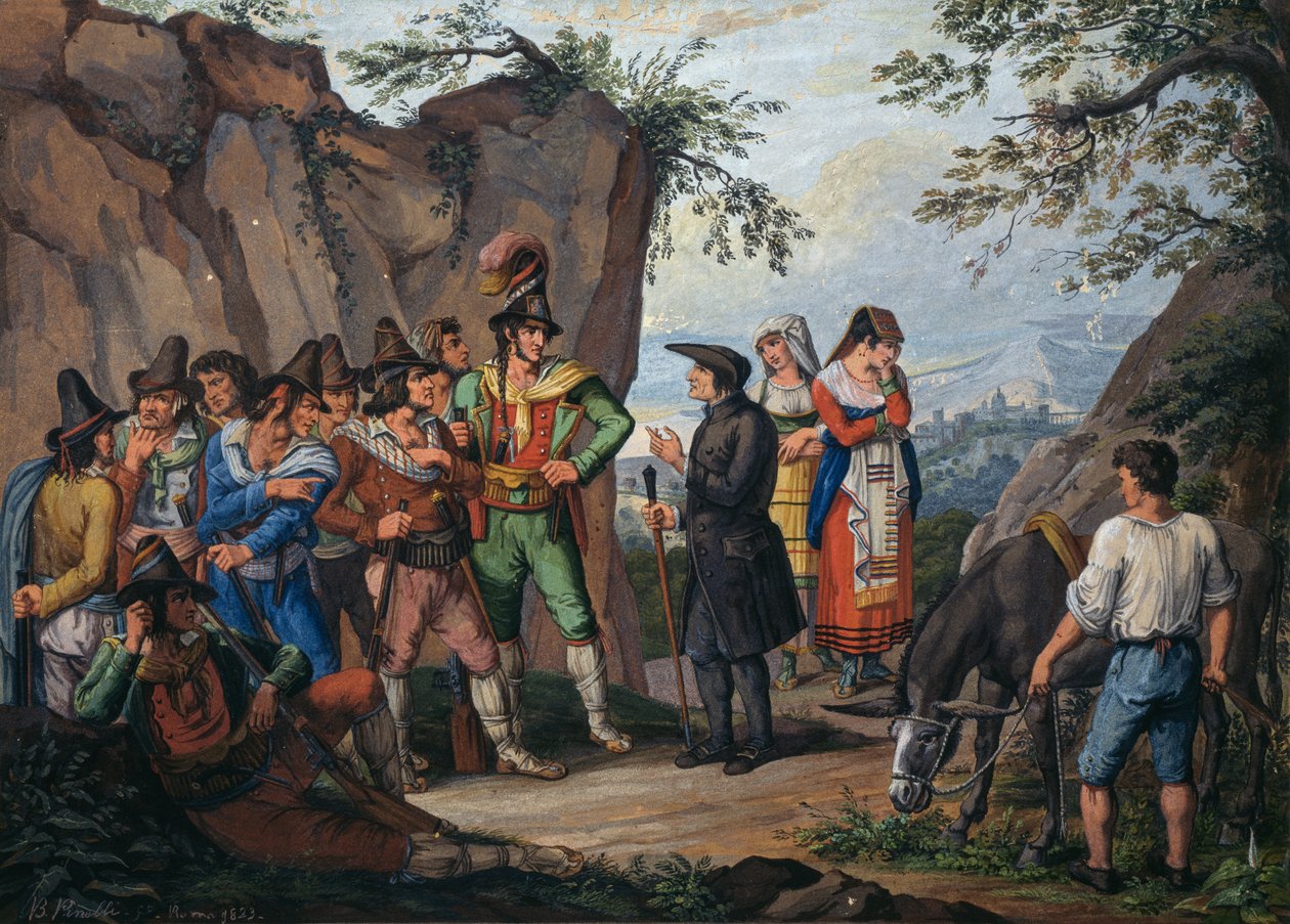 Forhandlinger om overgivelse mellem brigand Gasparone og ærkepræst Pellegrini af Bartolomeo Pinelli