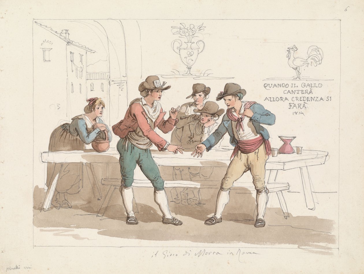 Spillet »Morra« i en romersk osteria, illustration til »Romerske dragter og skikke« af Bartolomeo Pinelli