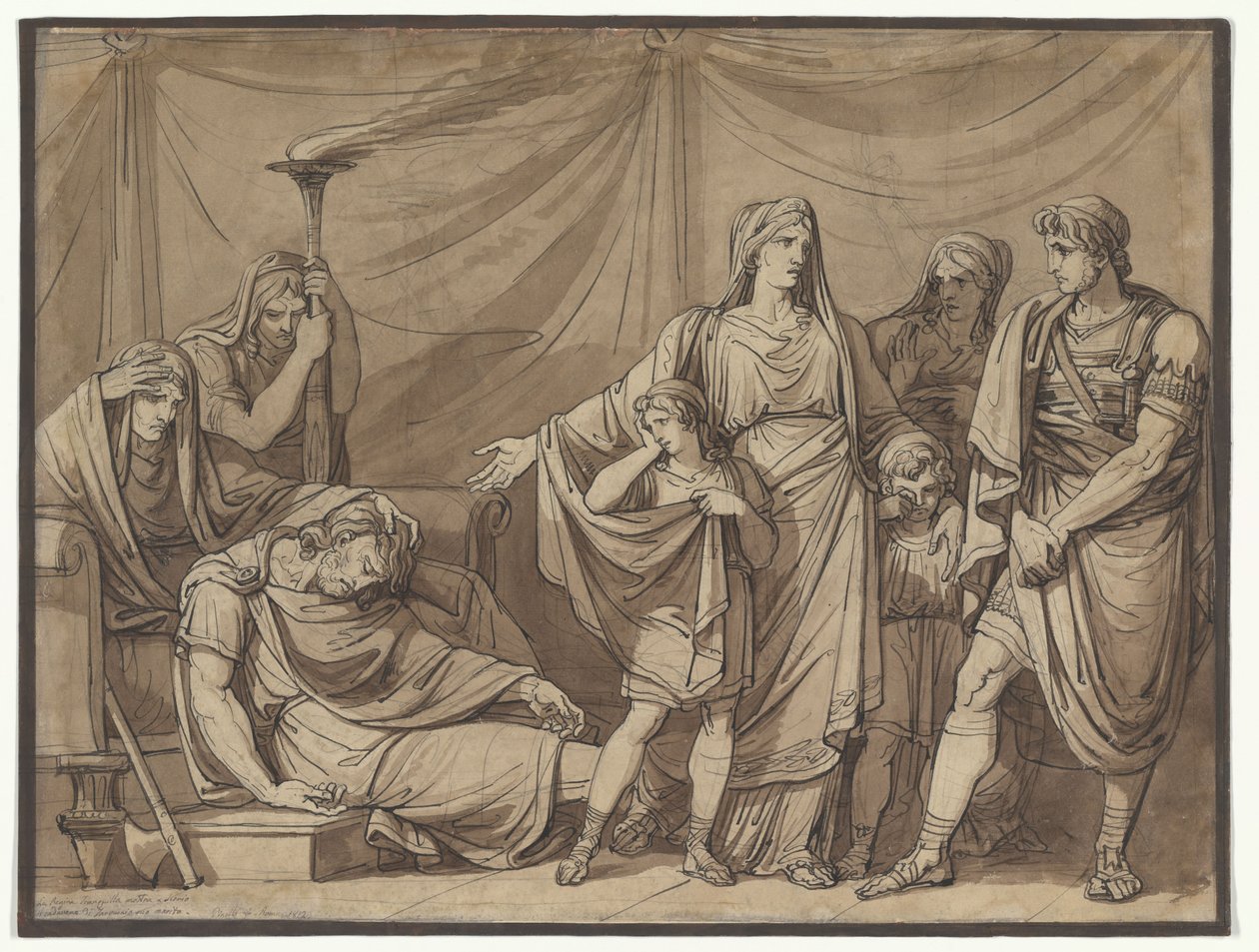 Dronning Tranquilla får vist liget af sin mand Tarquin, illustration til Charles Rollins *Istoria Romana* af Bartolomeo Pinelli