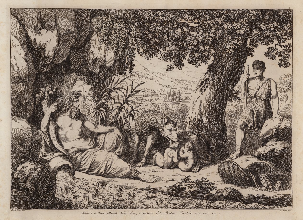 Romulus og Remus ammet af hunulven og opdaget af hyrden Faustulus (radering) af Bartolomeo Pinelli