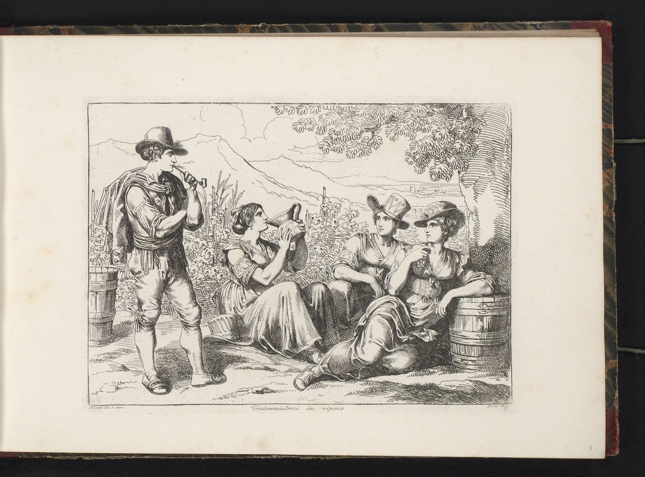 Hvilende vindrikkere Vendemmia Trici in riposo (titel på objekt) Kostumetryk med figurer fra Rom og omegn (serietitel) Nuova raccolta di cinquanta costumi de contorni di Roma (serietitel) af Bartolomeo Pinelli