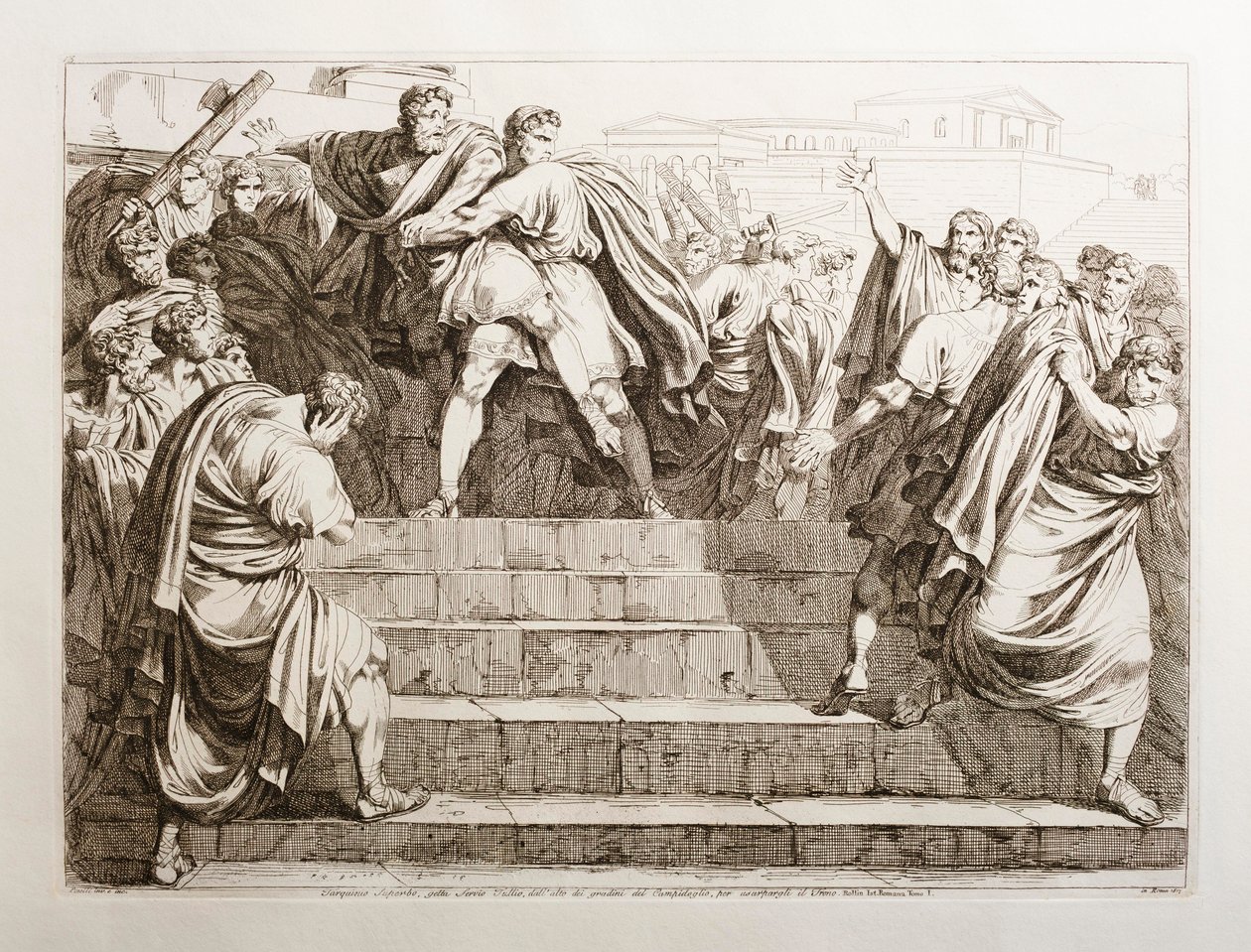 Tarquinius Superbus kaster Servius Tullius ned ad trapperne på Kapitol af Bartolomeo Pinelli