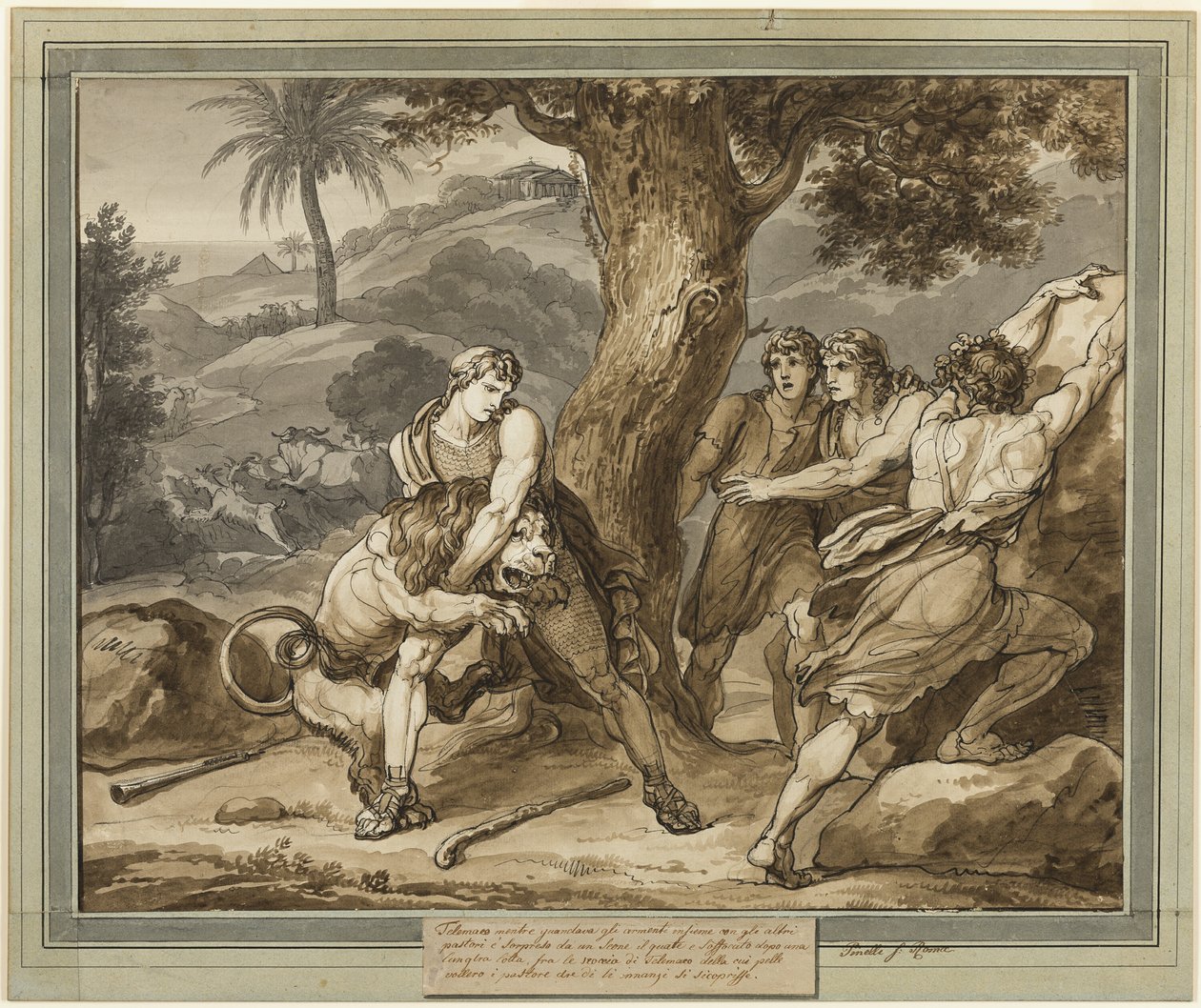 Telemachus kæmper mod løven, fra Telemachos eventyr, bog 2 af Bartolomeo Pinelli