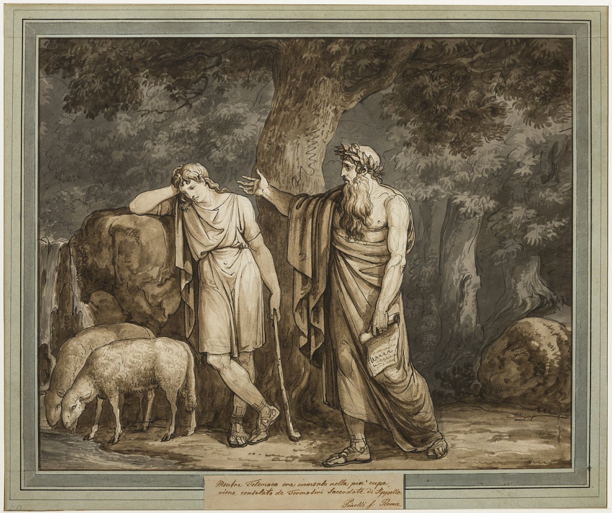 Telemachus trøstes af Termosiris, Apollons præst, fra Telemachos eventyr, bog 2 af Bartolomeo Pinelli