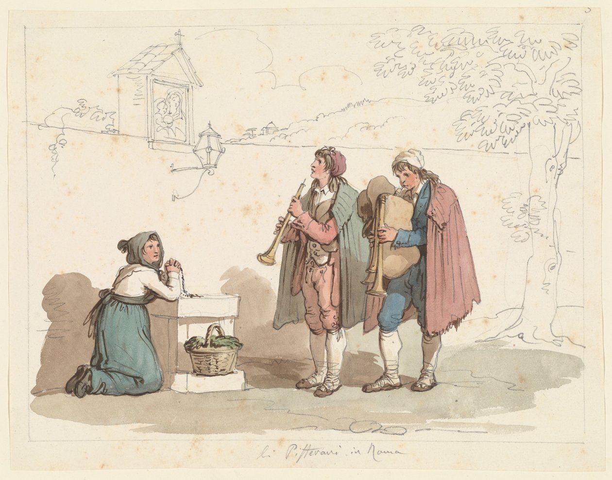 Sækkepibespilleren og fløjtespilleren i Rom, illustration til Romerske dragter og skikke af Bartolomeo Pinelli