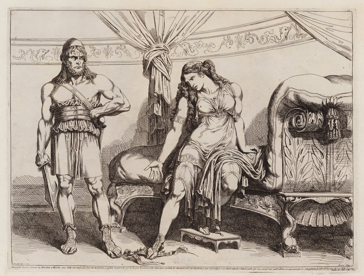 Eunukken Bacchides sendt af Mithridates VI af Pontus til sin kone Monime (radering) af Bartolomeo Pinelli