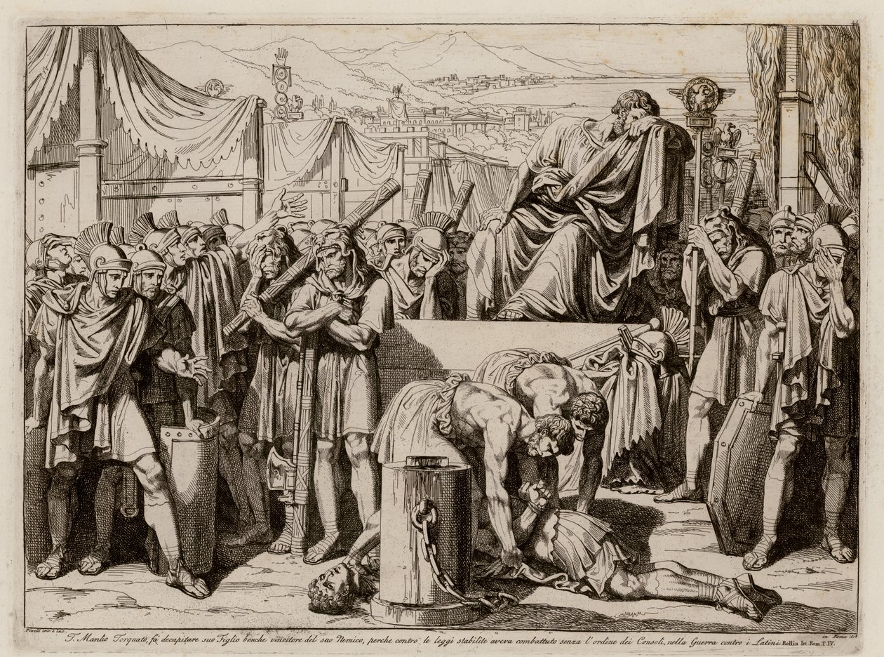 Titus Manlius Torquatus får sin søn halshugget for at have forladt sin post i kamp (radering) af Bartolomeo Pinelli