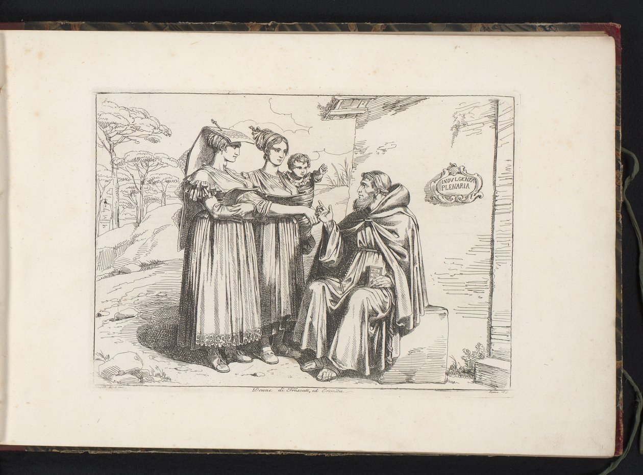 To kvinder fra Frascati og en eremit Donne di Frascati, red. Eremita (titel på objekt) Kostumetryk med figurer fra Rom og omegn (serietitel) Nuova raccolta di cinquanta costumi de contorni di Roma (serietitel) af Bartolomeo Pinelli
