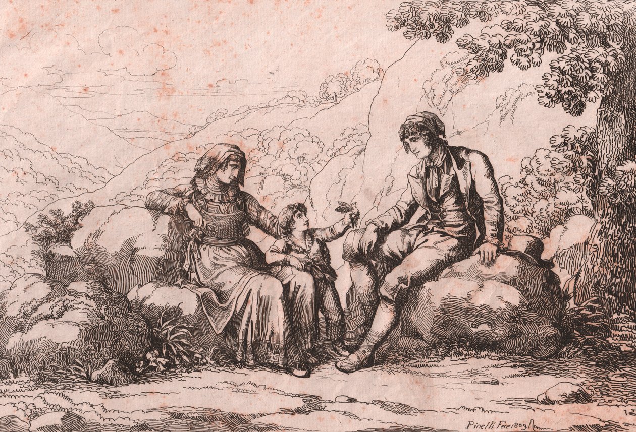 To almindelige mennesker med en baby, Schiavi, Abruzzo, radering af Bartolomeo Pinelli (Rom af Bartolomeo Pinelli