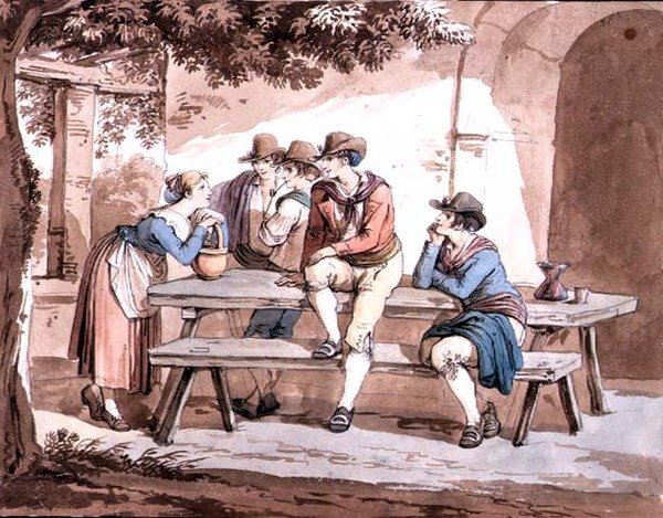 Under pergolaen (akvarel over blyant på papir) af Bartolomeo Pinelli