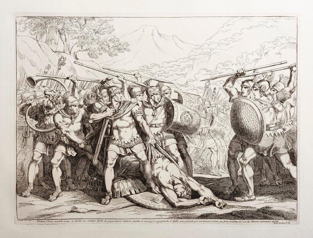 Da Valerio Corvo i en duel har dræbt en gallisk soldat af gigantisk statur og er ved at klæde ham af, løber gallerne, som ikke kan holde sig i skindet, til for at hævne ham, men de bliver fuldstændig besejret af romerne af Bartolomeo Pinelli