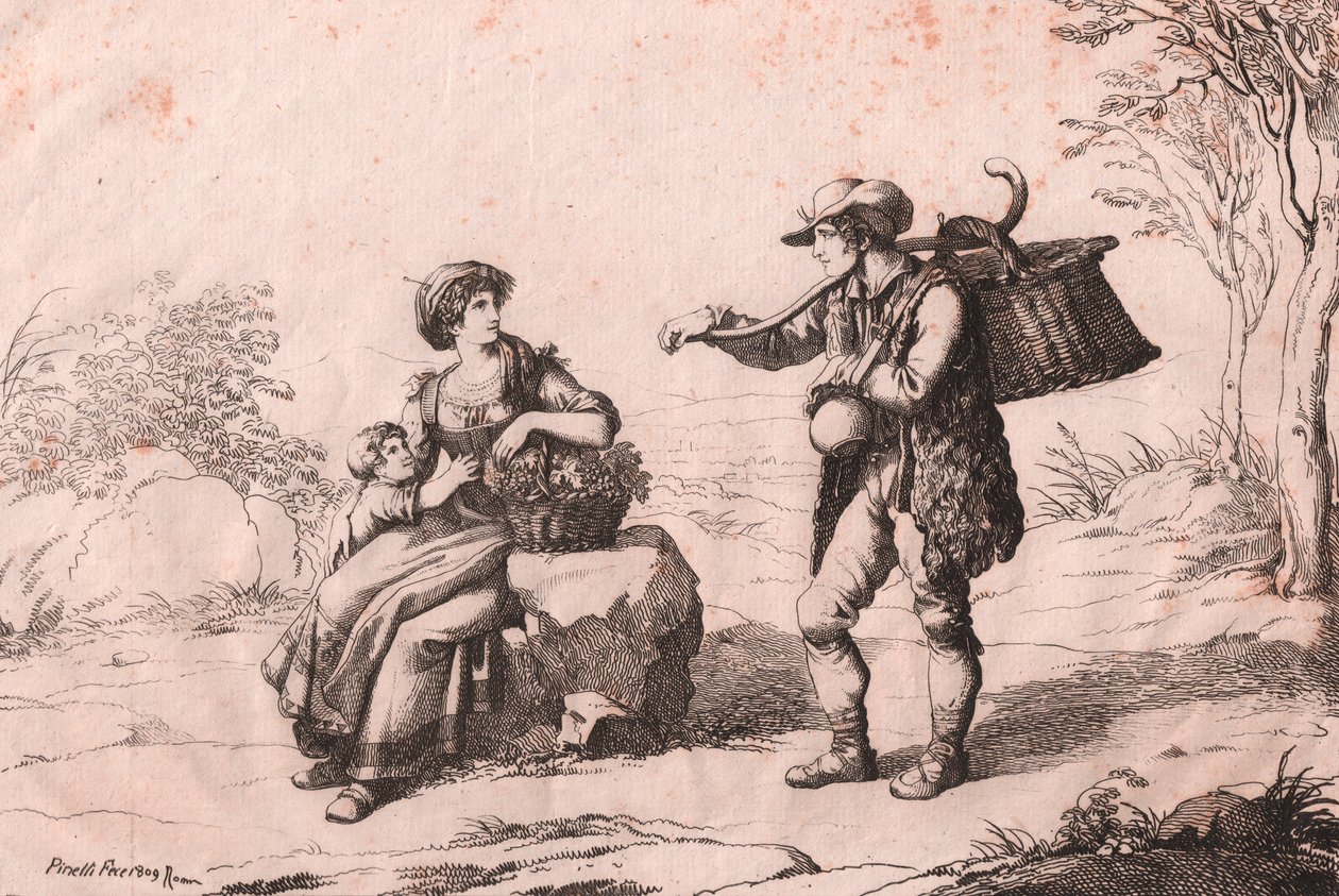 Kvinde fra Pietra Terrazzana i traditionelle kostumer, Abruzzo og Gioncataro (sælger af caciotte ost), ætsning af Bartolomeo Pinelli (Rom) af Bartolomeo Pinelli