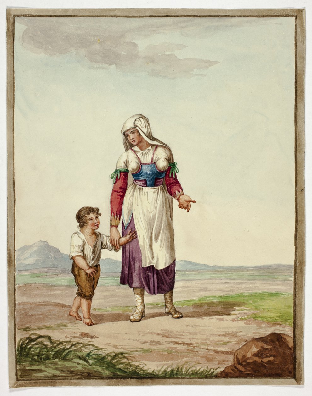Kvinde i indianerkostume med dreng på vej af Bartolomeo Pinelli