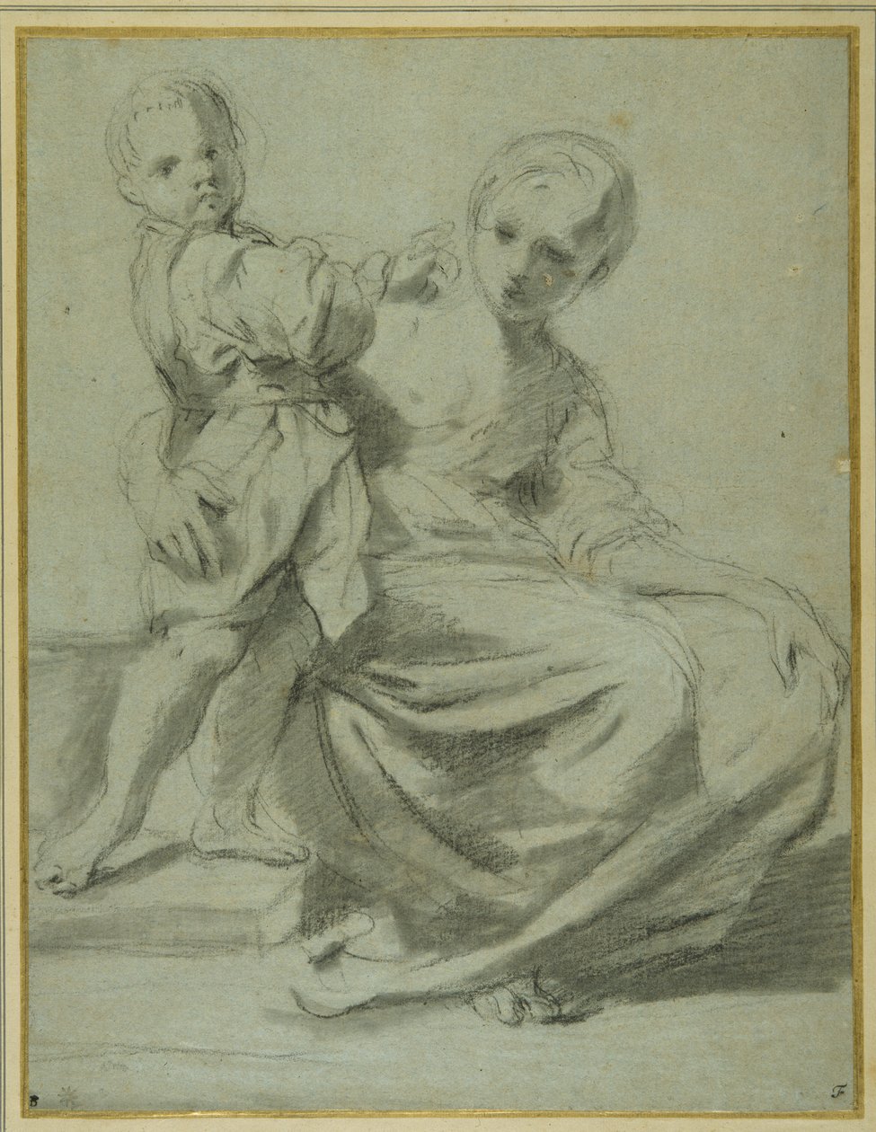Mor og barn (sort kridt med brun vask på carta azzurra) af Bartolomeo Schedoni