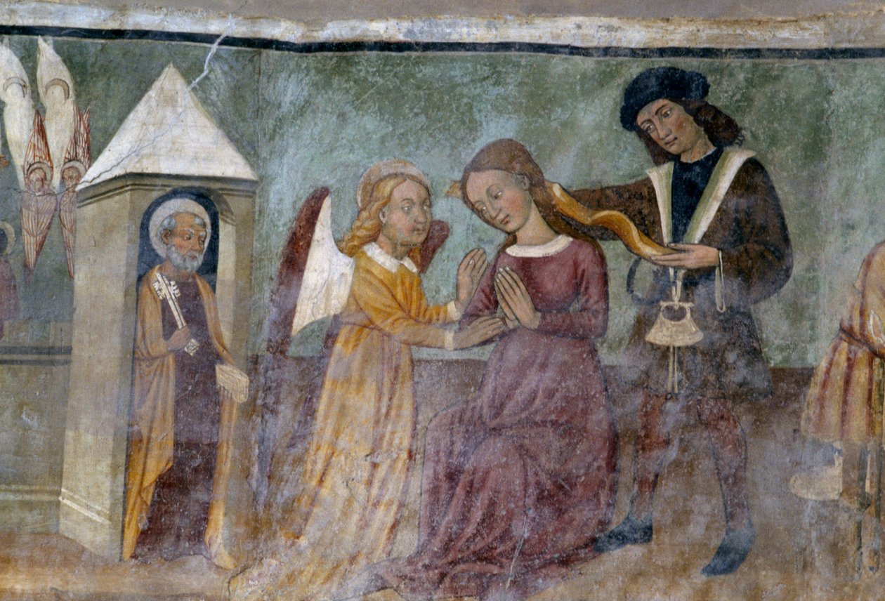 Allegorisk scene, detalje fra cyklussen, der skildrer kavalkaden af laster og dyder, ca 1490, af Bartolomeo Serra og Sebastiano Serra, fresko, Stefans kapel, Giaglione, Piemonte, Italien af Bartolomeo and Serra Sebastiano Serra