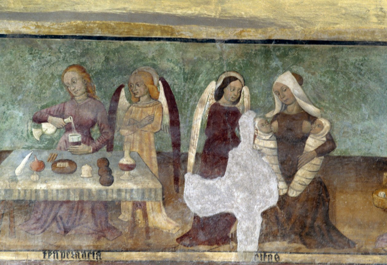 Allegorisk scene, detalje fra cyklussen, der skildrer kavalkaden af laster og dyder, ca 1490, af Bartolomeo Serra og Sebastiano Serra, fresko, Stefans kapel, Giaglione, Piemonte, Italien af Bartolomeo and Serra Sebastiano Serra