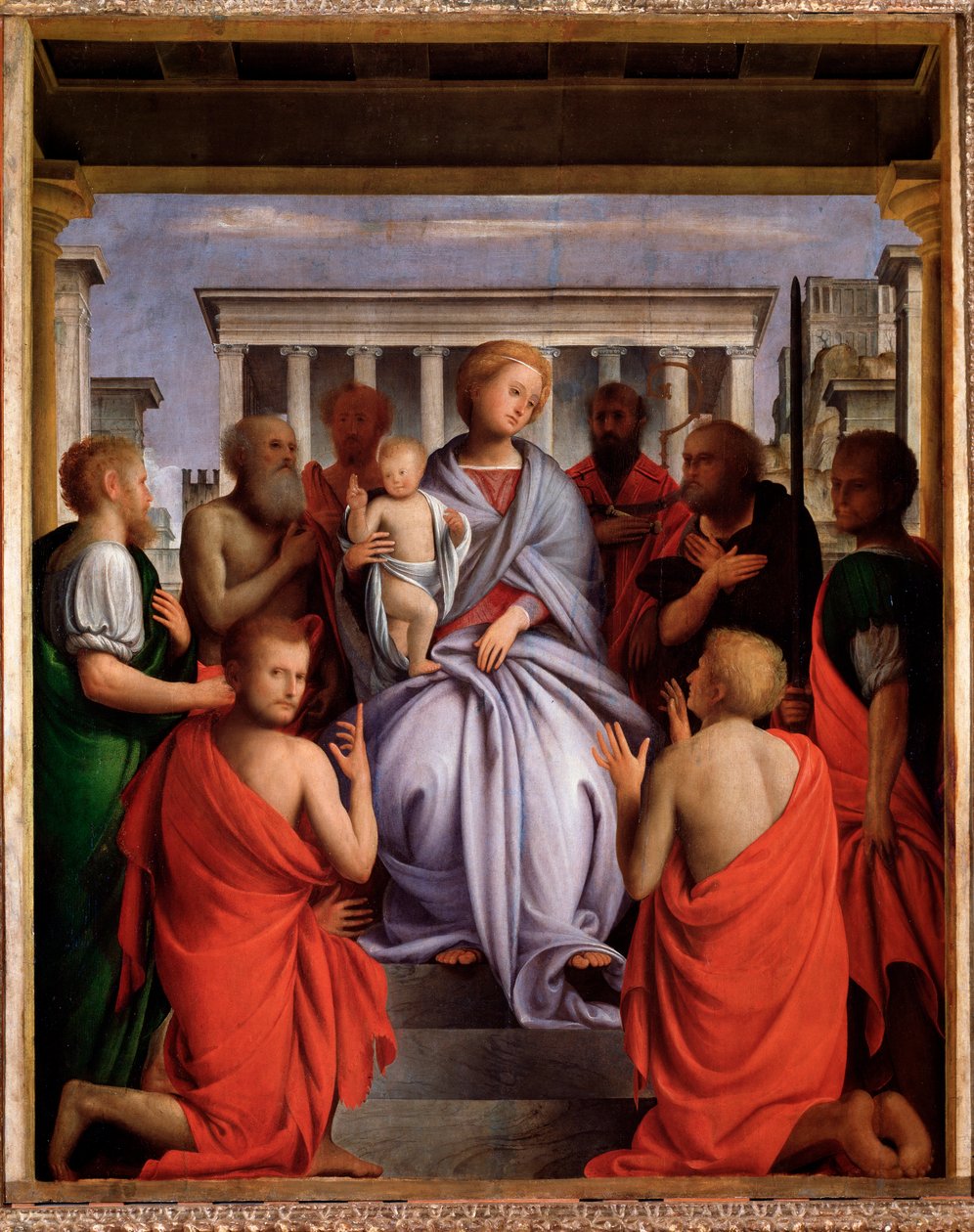 Madonna col Bambino e otto santi (Jomfru og barn med otte hellige, Madonna og barn med otte hellige) Maleri af Bartolommeo Suardi sagde Bramantino (1465-1530) 1515-1520 Dim 214x104 cm Firenze, Palazzo Pitti af Bartolomeo Suardi Bramantino