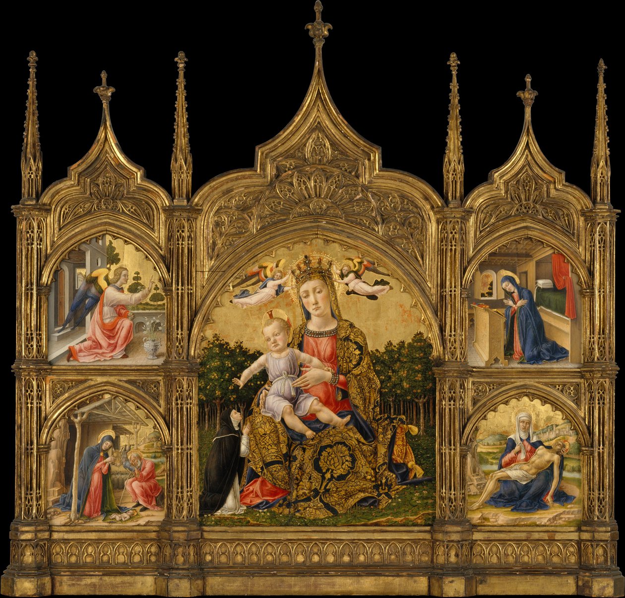 Ydmyghedens Madonna, Bebudelsen, Fødselen og Pietà, ca. 1465 (tempera og guld på træ) af Bartolomeo Vivarini