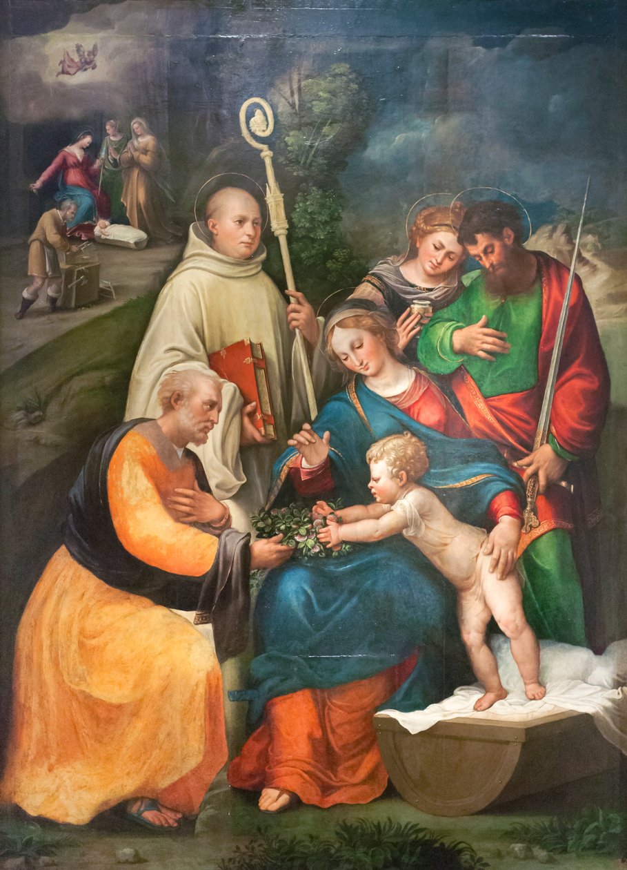 Den hellige familie med de hellige Benedikt, Paulus og Magdalene af Bartolomeo called Bagnacavallo Ramenghi