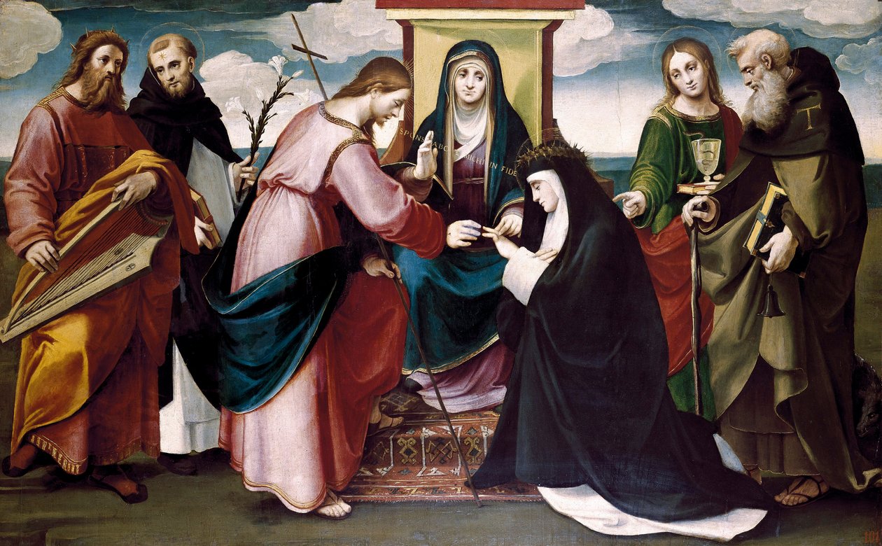 Det mystiske bryllup mellem Saint Catherine af Siena med Kristus og de hellige Johannes Døberen, Antonio Abate, Dominic, Kong David og Jomfru Maria, ca. 1517 (olie på panel) af Bartolomeo called Bagnacavallo Ramenghi
