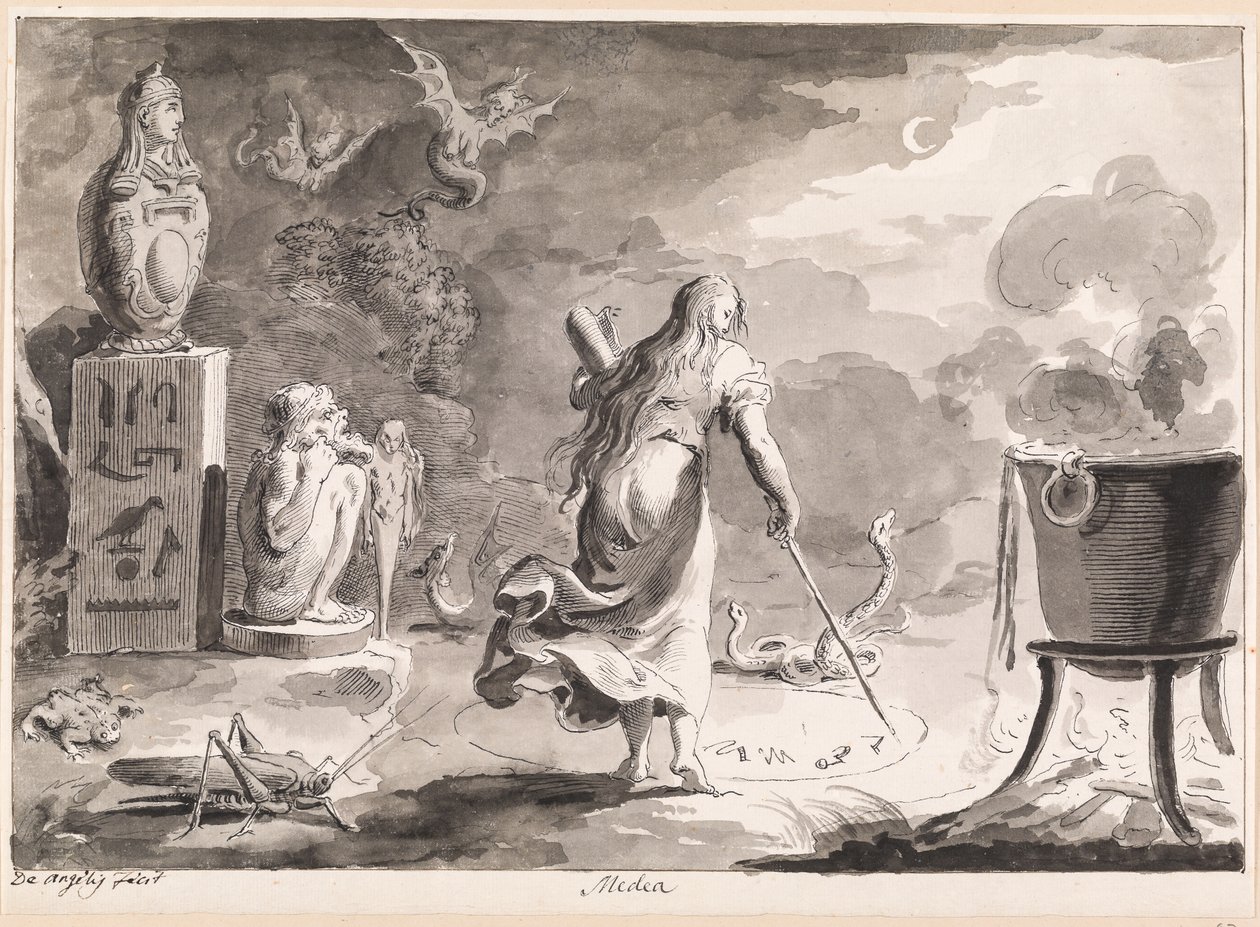 Medea. En rygvendt kvinde, imellem krybdyr, havvæsner, en heksekedel og egyptiske gudestøtter, skriver om natten trolddomsruner i en cirkel på jorden. af Bartolomeo d