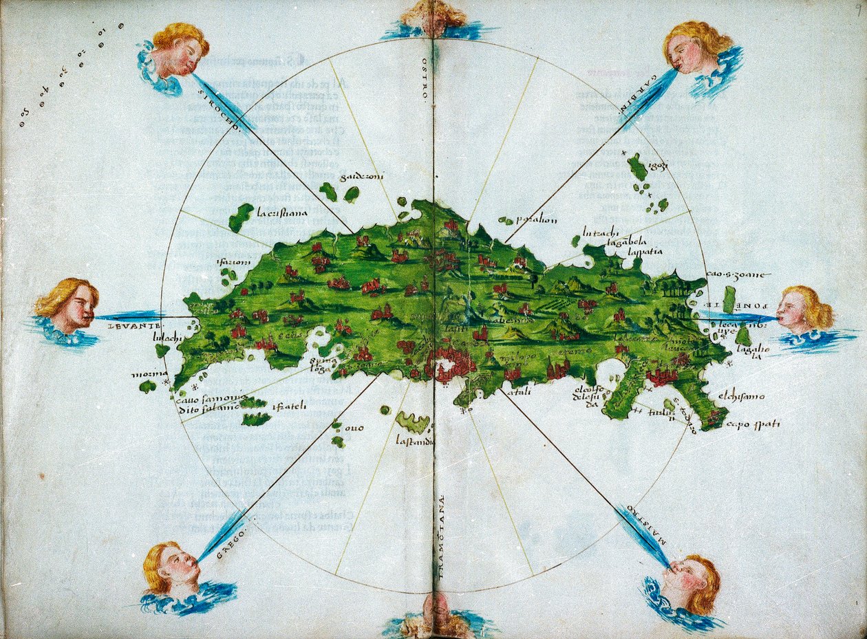 Isolario, på vers, med farvelagte tegninger og et kort over det østlige Middelhav på pergament, ca. 1480 (tegning på pergament) af Bartolomeo da li Sonetti