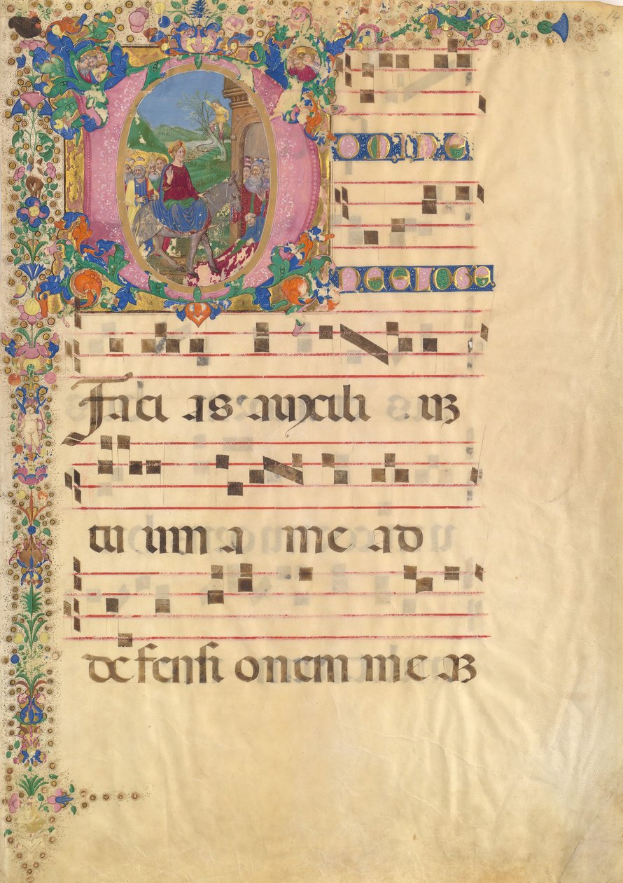 Manuskriptblad med indrejse i Jerusalem på palmesøndag i en indledende D..., 15.-16. århundrede. af Bartolomeo di Domenico di Guido