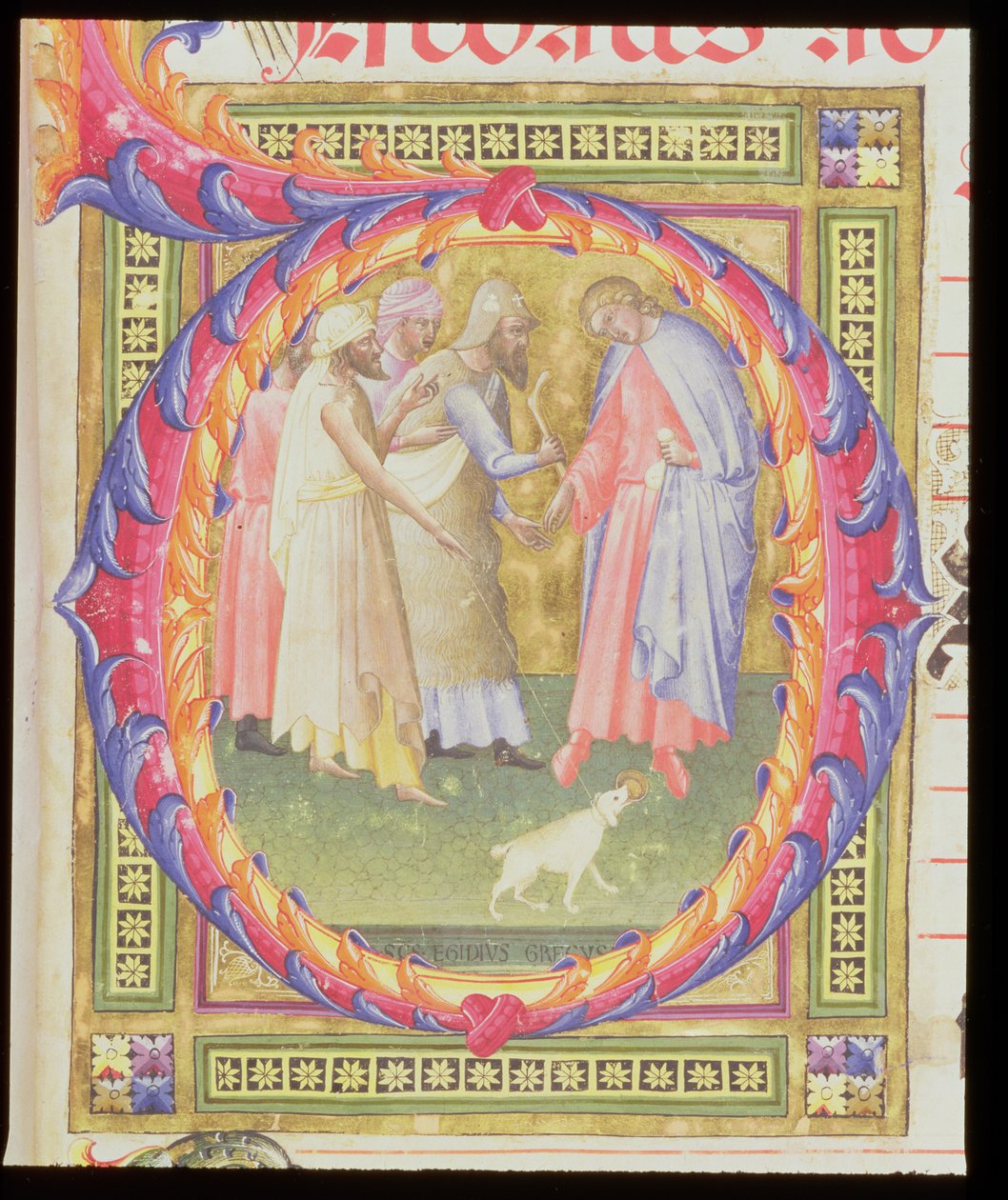 Ms 518 f.1r Historikert initial O, der forestiller Tobias og englen af Bartolomeo di Frusino
