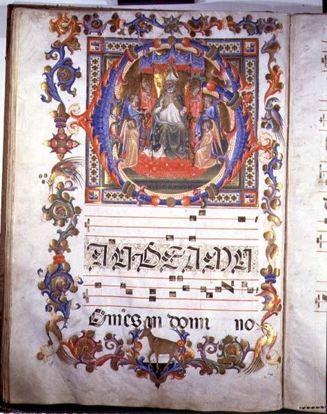 Ms 557 f.35v Side med belysning, der forestiller Aegidius (St. Giles) (dc700) tronet og omgivet af engle, fra 