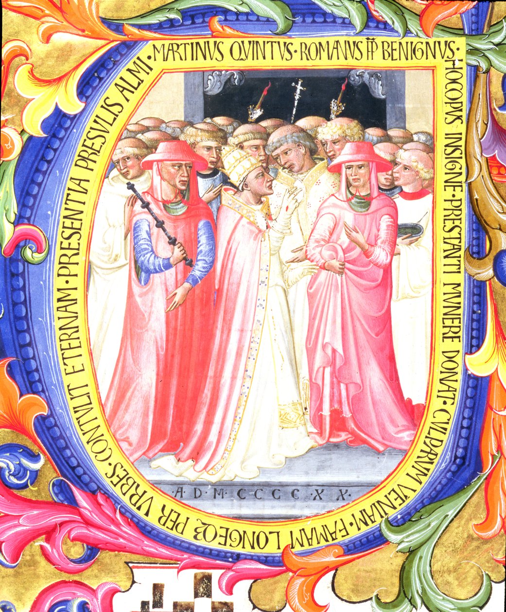 Ms 557 f.61v Historikert initial U, der forestiller pave Martin V 1368-1431, der indvieder kirken Sant. Egidio, fra en antifonal fra San Marco e Cenacoli 1420 vellumdetalje af 100098 af Bartolomeo di Frusino