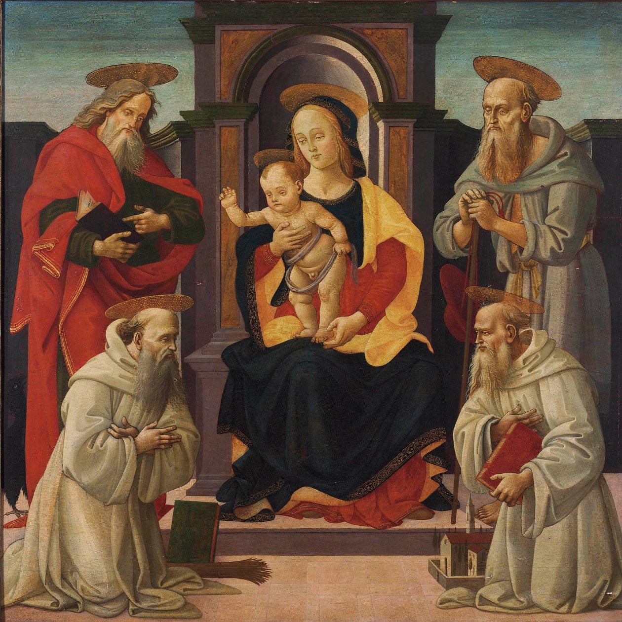 Madonna og barnet på tronen med Johannes Evangelisten og Hieronymus og to benediktinerhelgener af Bartolomeo di Giovanni