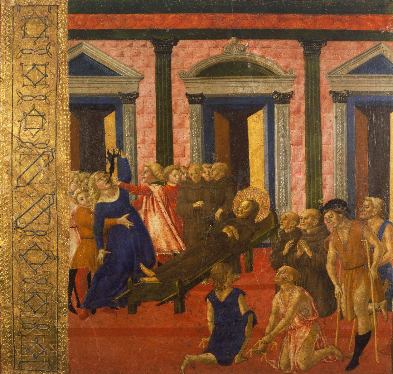 San Bernardino uddriver en besat kvinde, af Neroccio di Bartolomeo (1447-1500), maleri, Palazzo Pubblico (Offentligt palads), Siena, Italien. af Bartolomeo di Neroccio