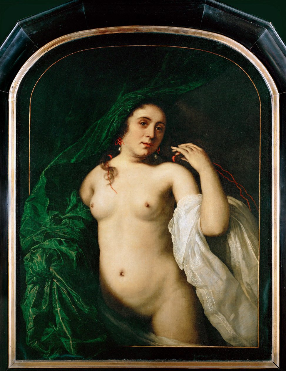 Nøgen kvinde løfter et gardin (maleri på lærred) af Bartolomeus van der Helst